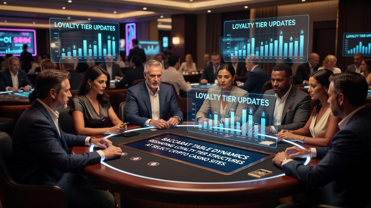 Crypto casino interface displaying loyalty tier progression alongside baccarat gameplay metrics