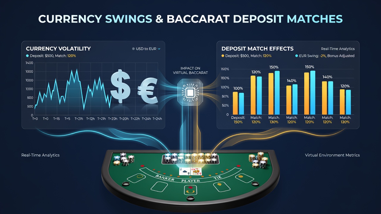 Virtual casino interface displaying baccarat deposit match offers with real-time currency conversion indicators