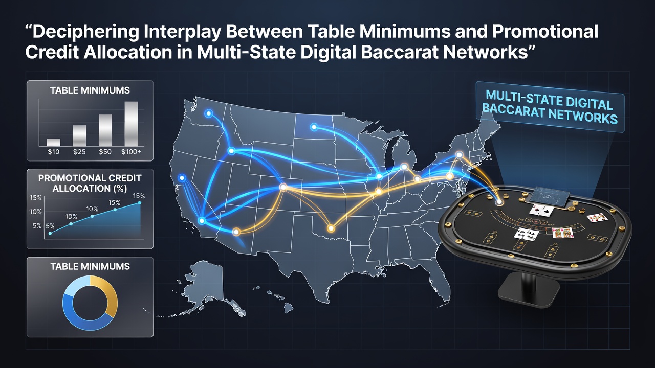 Digital baccarat interface showing table minimum indicators alongside promotional credit balances across state-regulated platforms