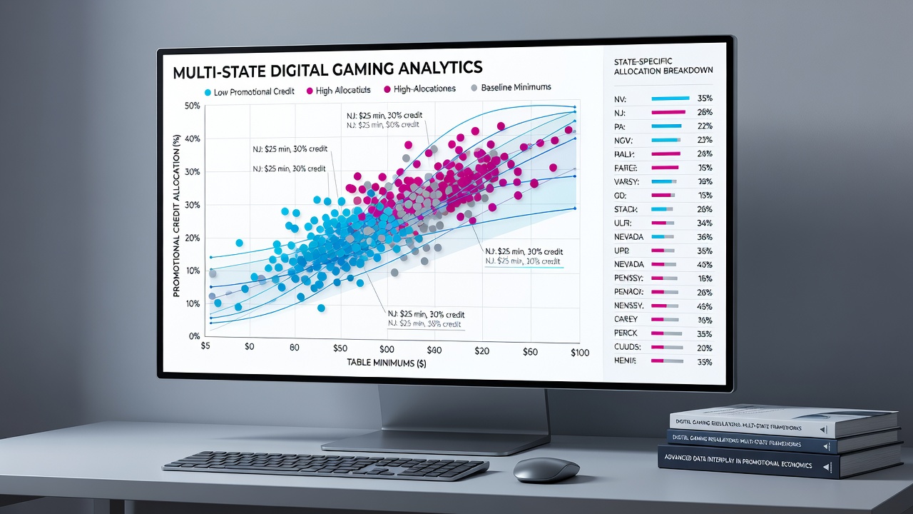 Network dashboard displaying promotional credit flows mapped against varying baccarat table minimums in different states
