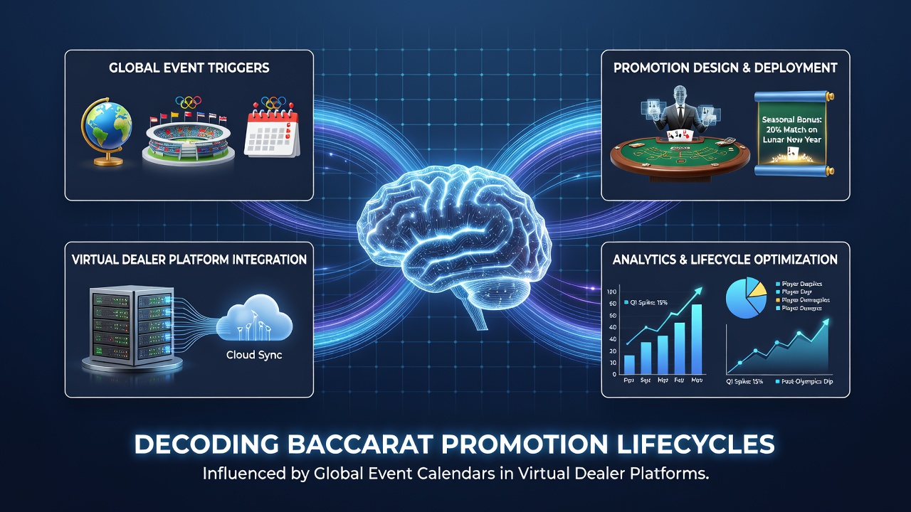 Virtual baccarat dealer interface showing promotional overlays tied to event calendars on a digital platform