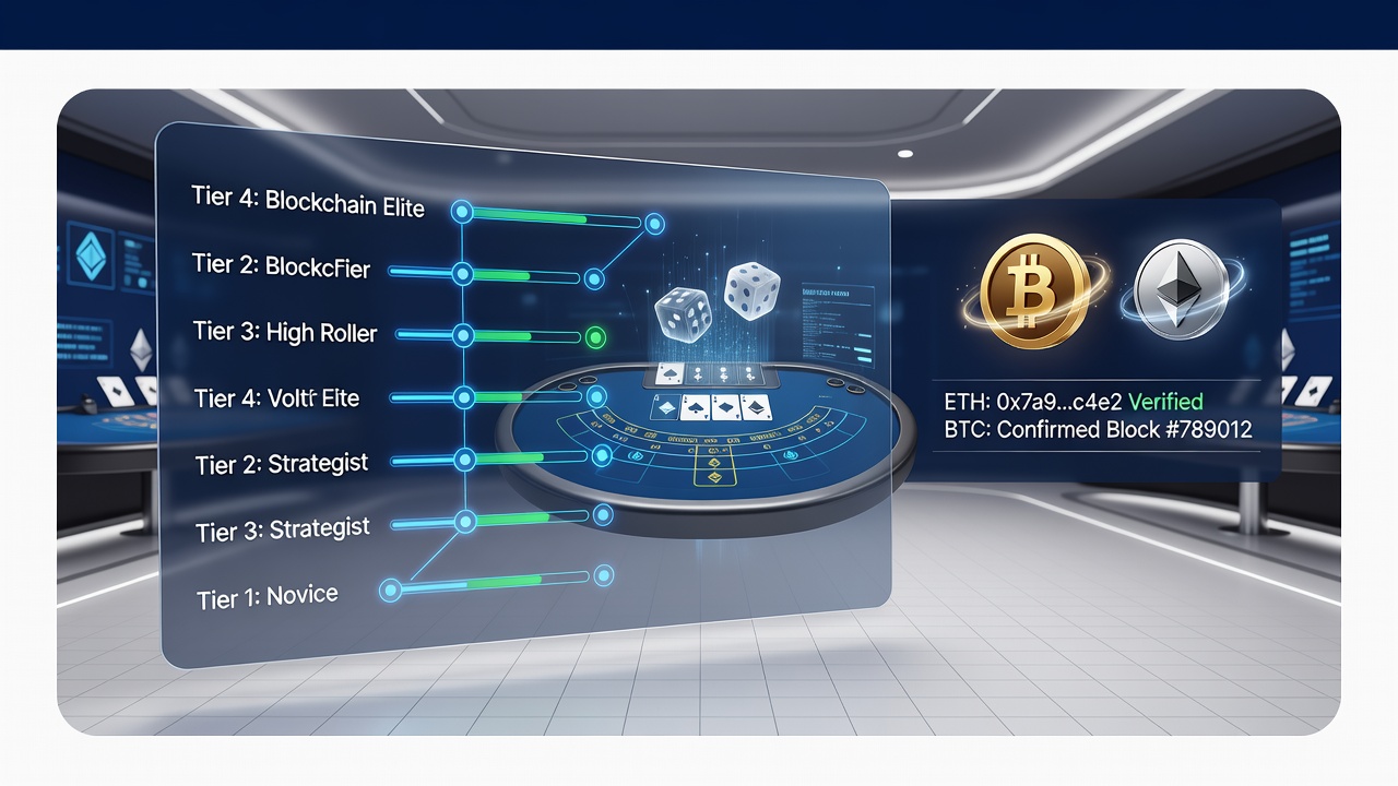 Blockchain casino interface displaying tiered loyalty rewards for baccarat players with crypto token indicators