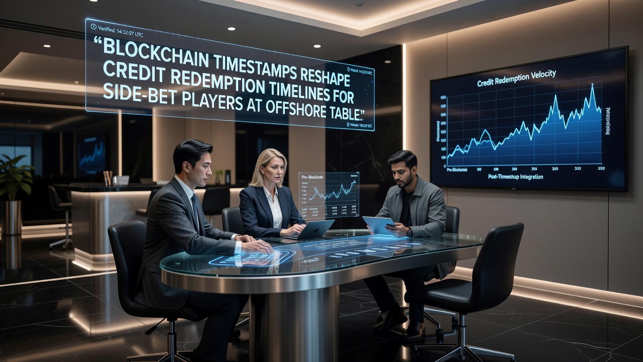 Offshore gaming interface displaying real-time credit redemption status linked to blockchain timestamps